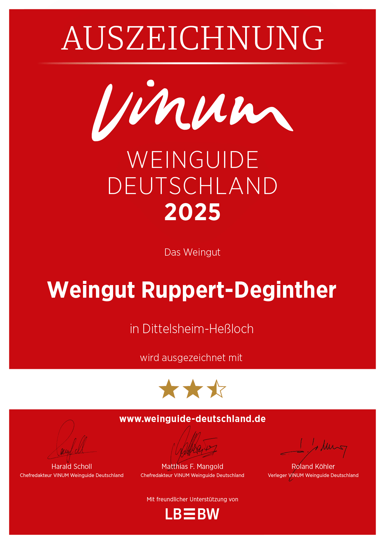 Urkunde vom VINUM Weinguide Deutschland 2025 | Auszeichnung für Ruppert-Deginther